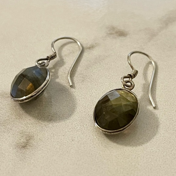 Sterling Silver Faceted Labradorite Gem Earrings Vintage Wedding Engagement - Picture 9 of 12